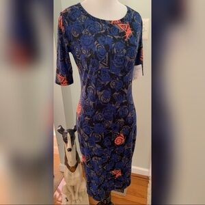 LuLaRoe Julia Dress Blue, Grey, & Black Geometric